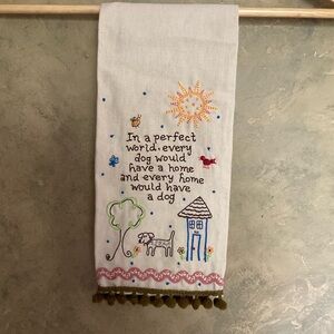 Natural Life Dog Embroidered Linen Pom Pom Hand Towel
